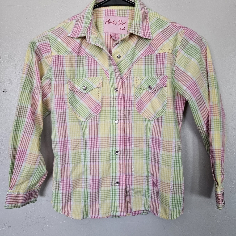 Rodeo Girl by Liz Girls Medium Pink Yellow Green Plaid Button-Up Shirt Western